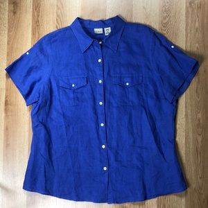 L.L.Bean 100% Linen Button Up Short Sleeve Blouse
